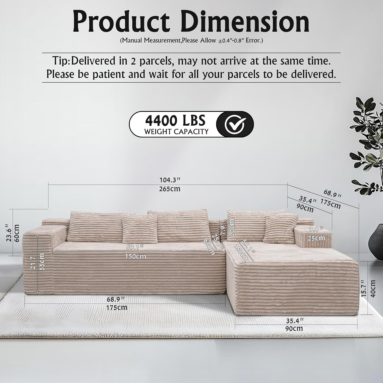 Sectional couches for Living Room Corduroy Couch, 104' Cloud Sectional Couch with L-Shape Chaise, Modern Modular Sofa, Deep Seat Comfort, No Assembly Required(Plush Corduroy, Right Facing Chaise)