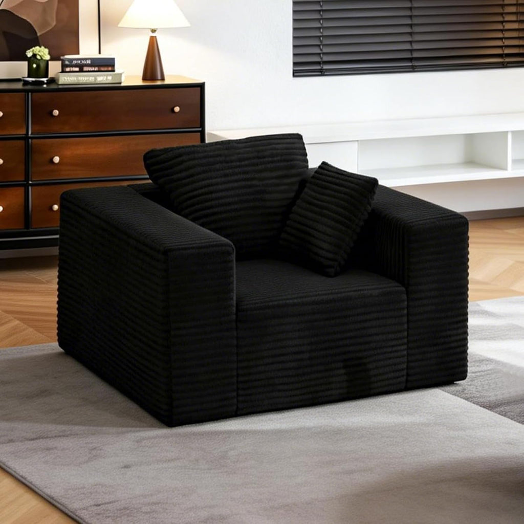 Single Cloud Sofa, High Backrest Wider Armrest Memory Foam Boneless Couch, Comfy Faux Fur Pillowed Single Seater No Assembly for Small Spaces Bedroom Dorm Office（Black）