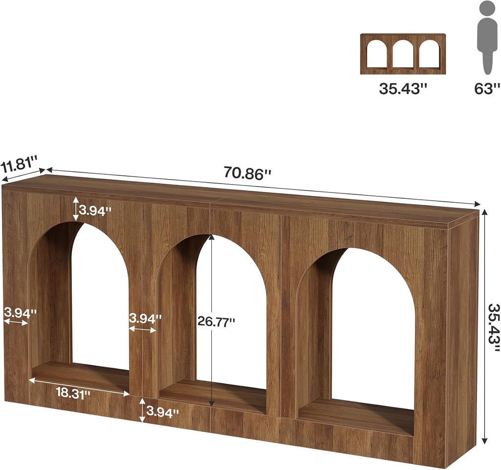 Tribesigns 70.9' Console Table with Storage, Wood Entryway Entry Table with 3 Arched Shelves for Foyer, Hallway, Living Room, Behind Couch Sofa, Narrow Long, Brown