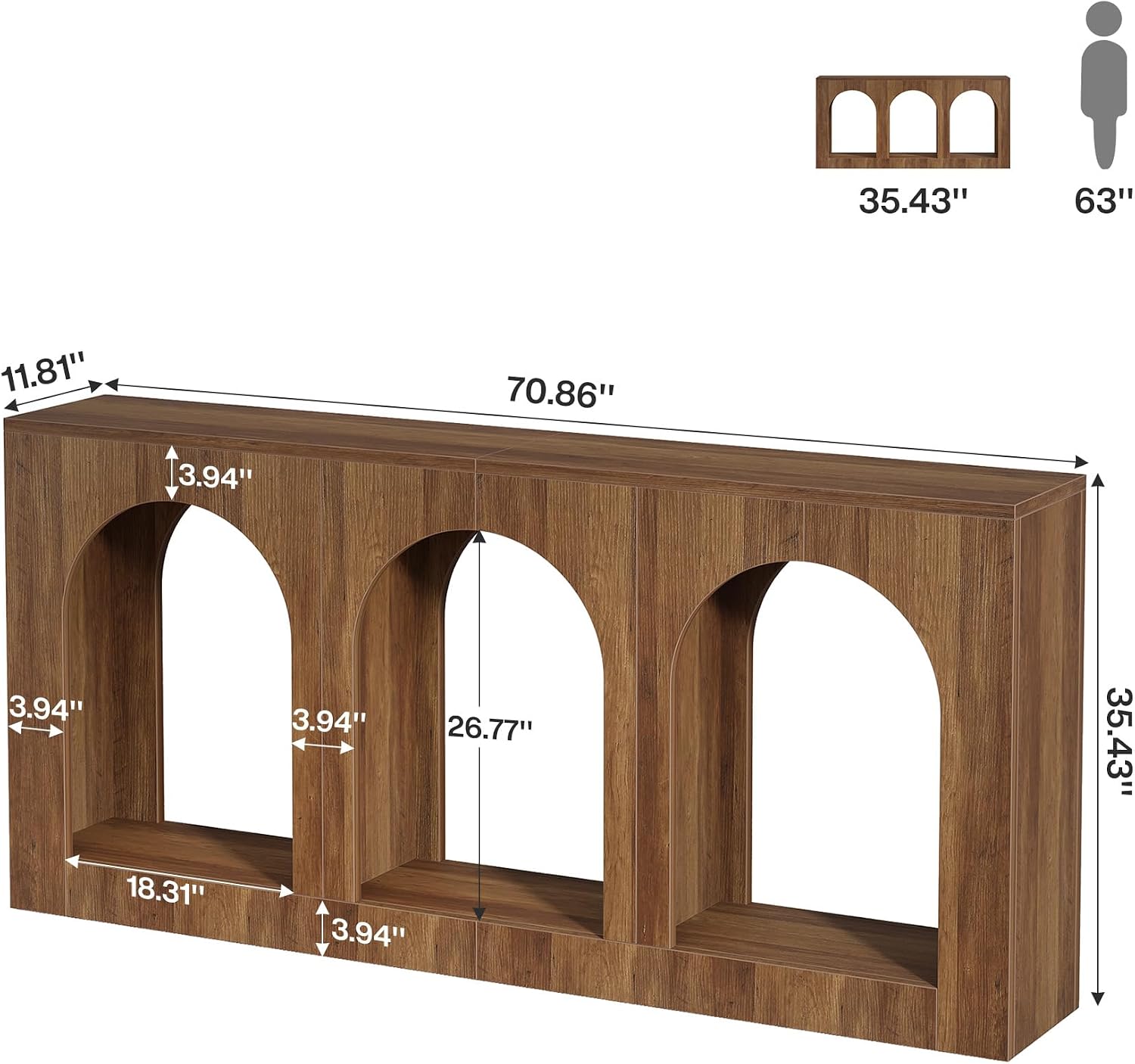 Tribesigns 70.9' Console Table with Storage, Wood Entryway Entry Table with 3 Arched Shelves for Foyer, Hallway, Living Room, Behind Couch Sofa, Narrow Long, Brown