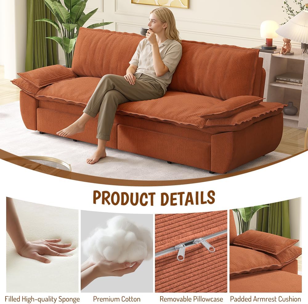 73.2'' Queen Size Sofa Bed, Corduroy Loveseat 3-in-1 Convertible Sleeper Sofa Couch, Pull Out Sofabed, Space Saving, Orange