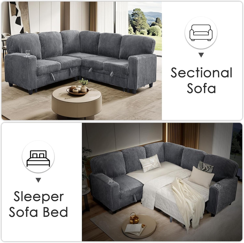81' Modular Sectional Sofa, L Shaped 5-Seater Sleeper Sofa with Pull Out Bed, Hidden Storage, Cup Holders & USB Charging Ports, Sectional Couches for Living Room, Corduroy, Grey