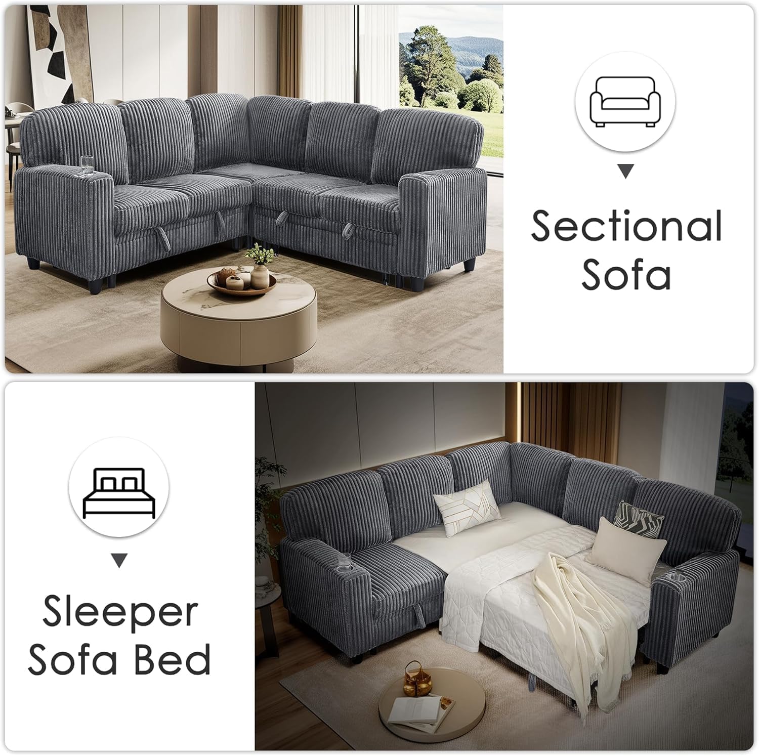 81' Modular Sectional Sofa, L Shaped 5-Seater Sleeper Sofa with Pull Out Bed, Hidden Storage, Cup Holders & USB Charging Ports, Sectional Couches for Living Room, Corduroy, Grey