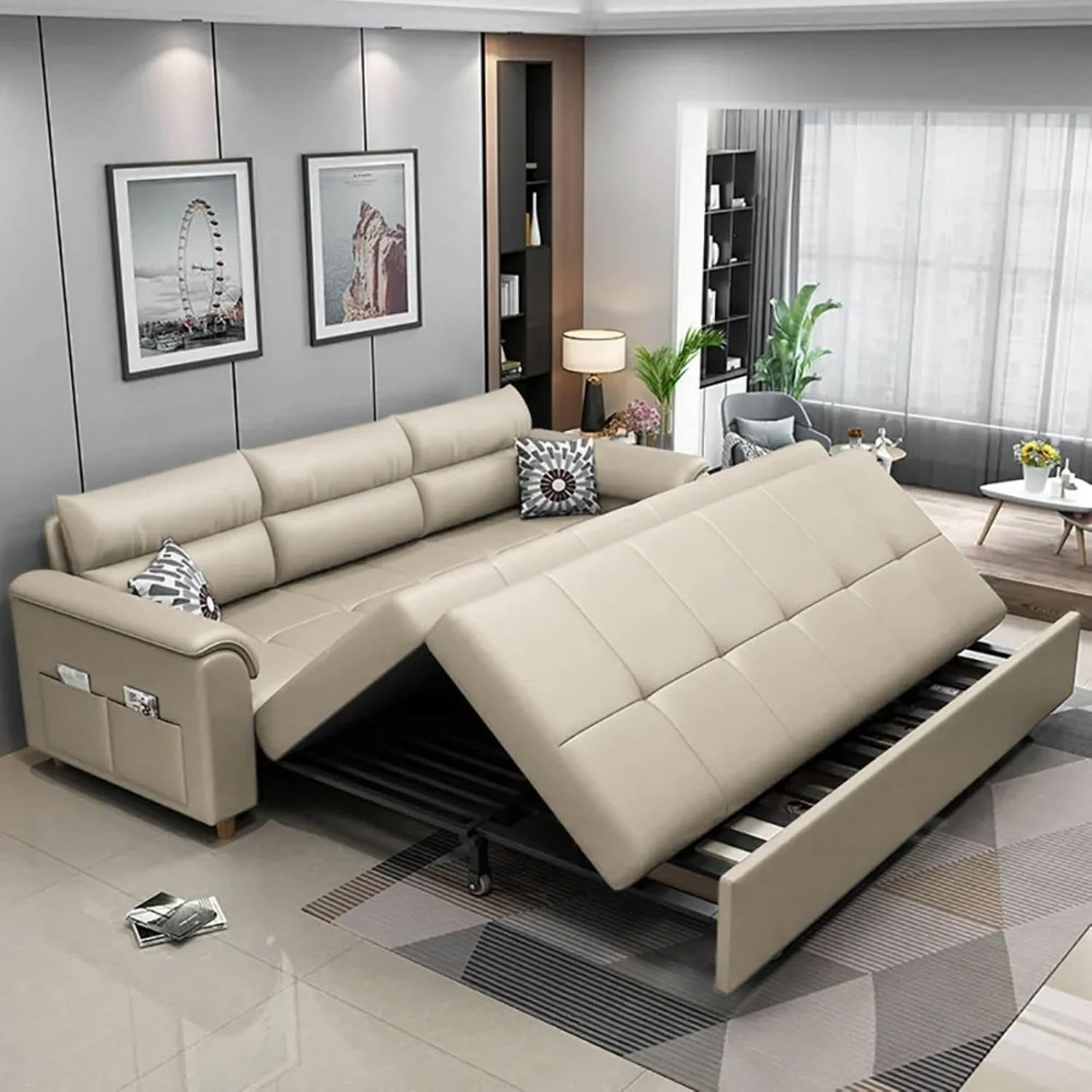 homary 74' Queen Sleeper Sofa Bed – 2-Seater Convertible Couch with Pull-Out Bed with Storage Drawers & Side Pockets, for Apartment Living Room (Beige)