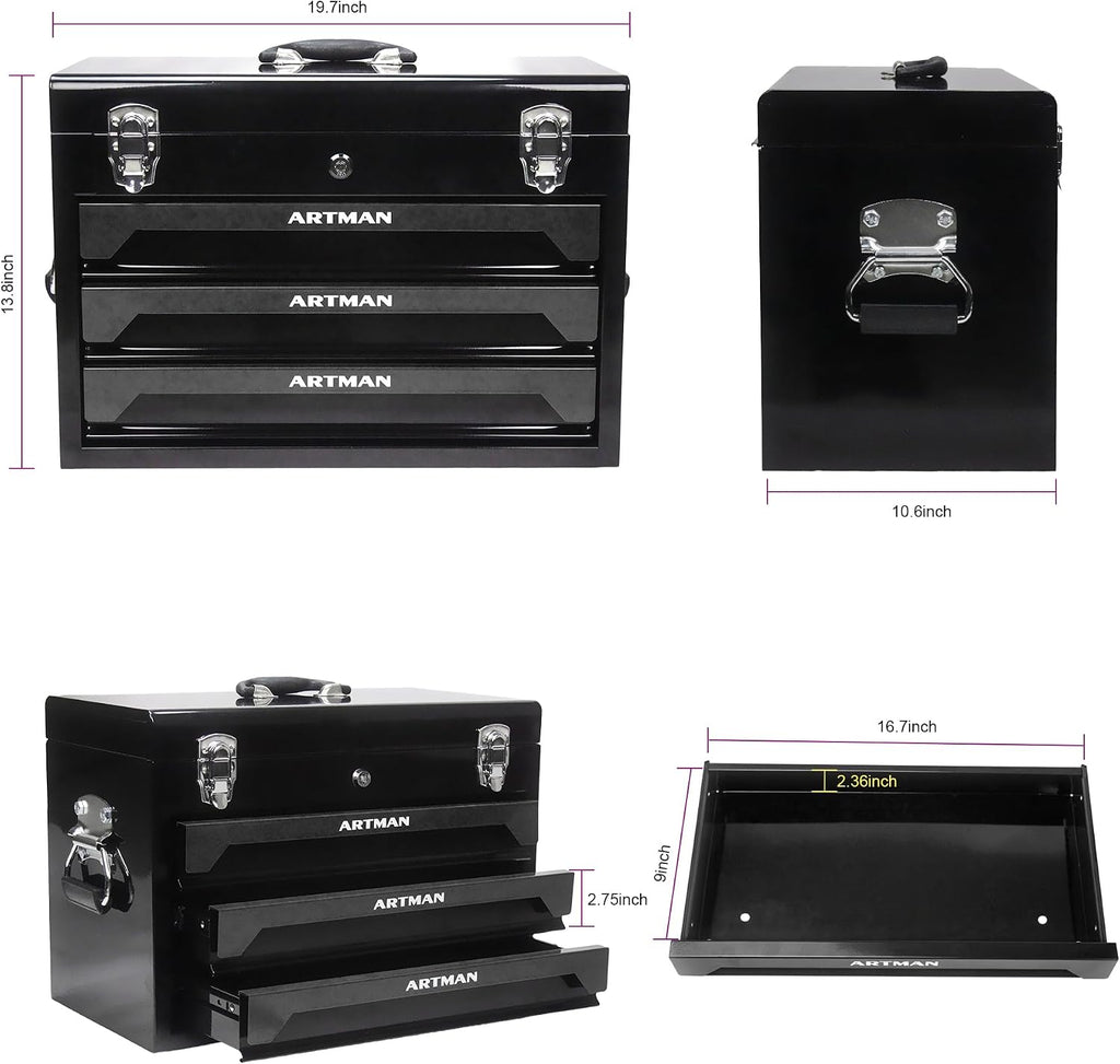 439 Piece Mechanics Tool Set, 3 Drawer Heavy Duty Metal Box with Household Tool Kit, Portable Tool Organizer Case for Auto Repair, Garage, Warehouse, Workshop, Repair Shop (All Black)