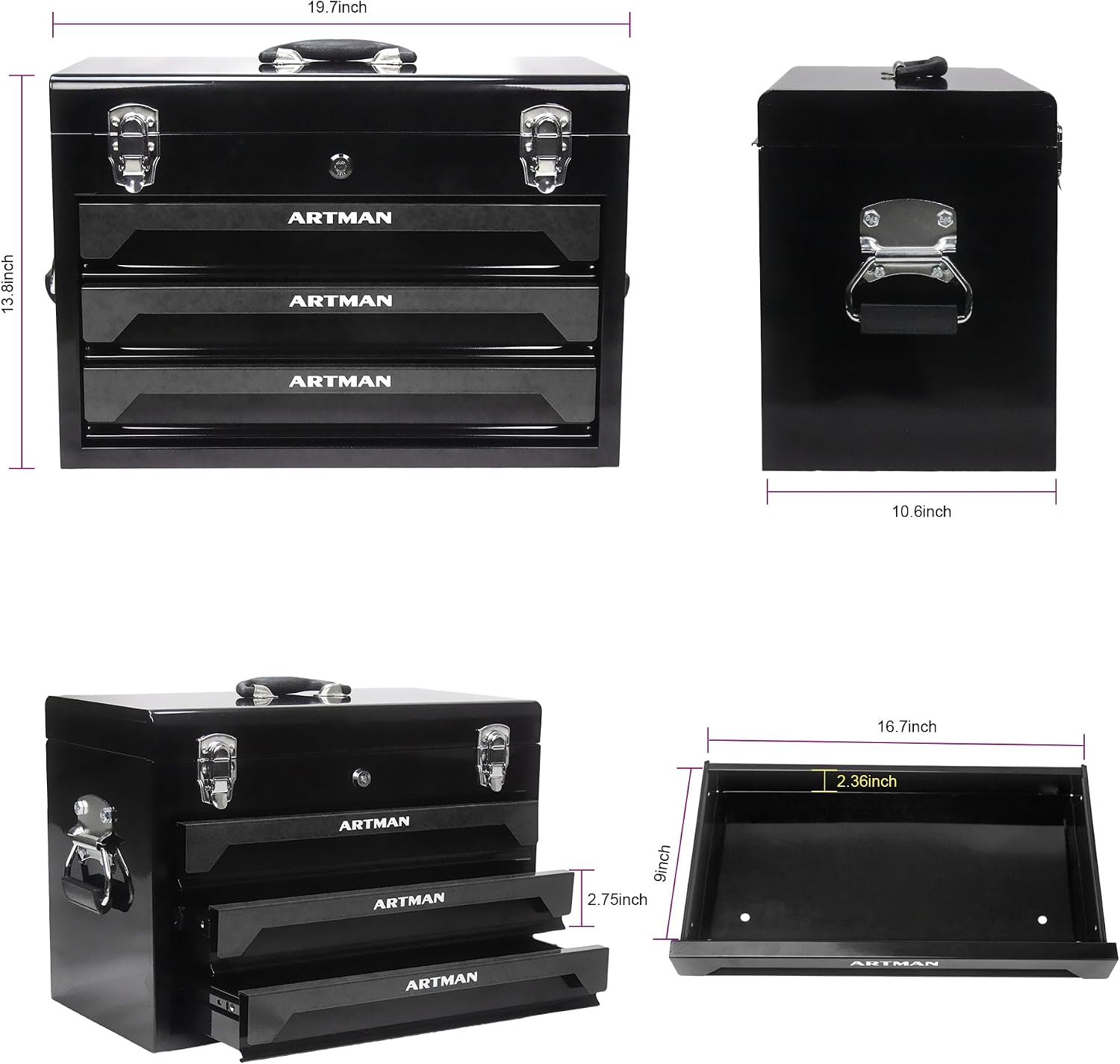 439 Piece Mechanics Tool Set, 3 Drawer Heavy Duty Metal Box with Household Tool Kit, Portable Tool Organizer Case for Auto Repair, Garage, Warehouse, Workshop, Repair Shop (All Black)