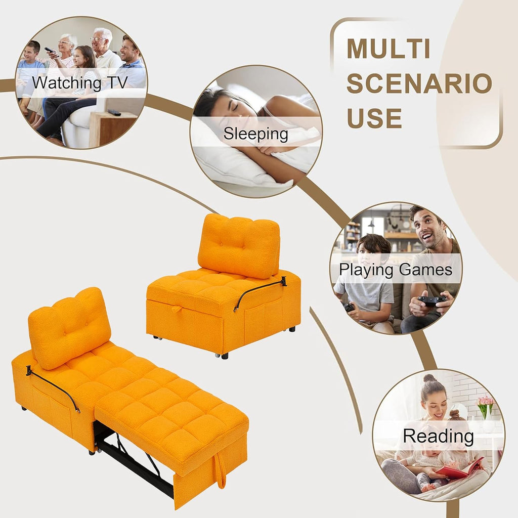 Majnesvon Modern Teddy Fabric Sofa Bed Futon,3 in 1 Convertible Pullout Bed Couches with 3 Reclining Backrests,Phone Stand,Small Sofa Single Sleeper Chair Bed for Living Room Bedroom (Orange)