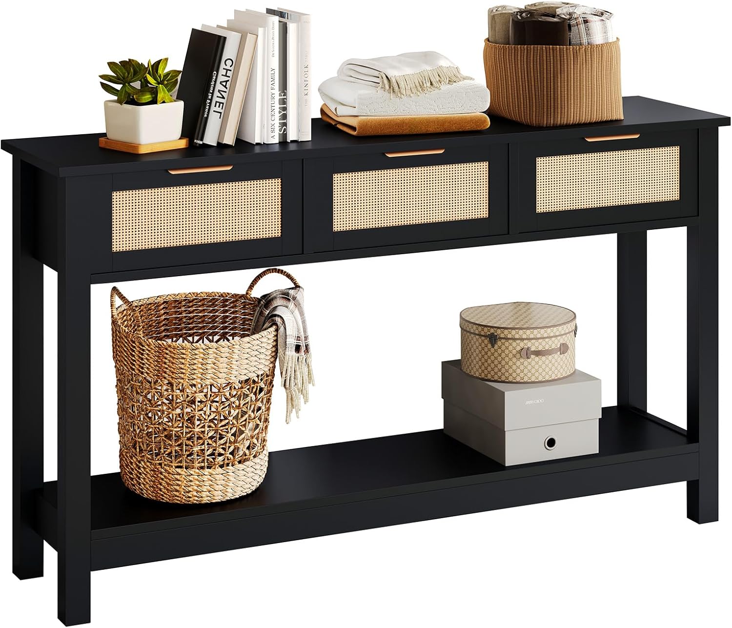 Luoxiao Entryway Table, 47' Rattan Console Tables with 3 Drawers, Narrow Hallway Table for Entryway with Storage Shelf, Slim Sofa Table Behind Couch, Modern Black Foyer Entry Way Table, Easy Assembly