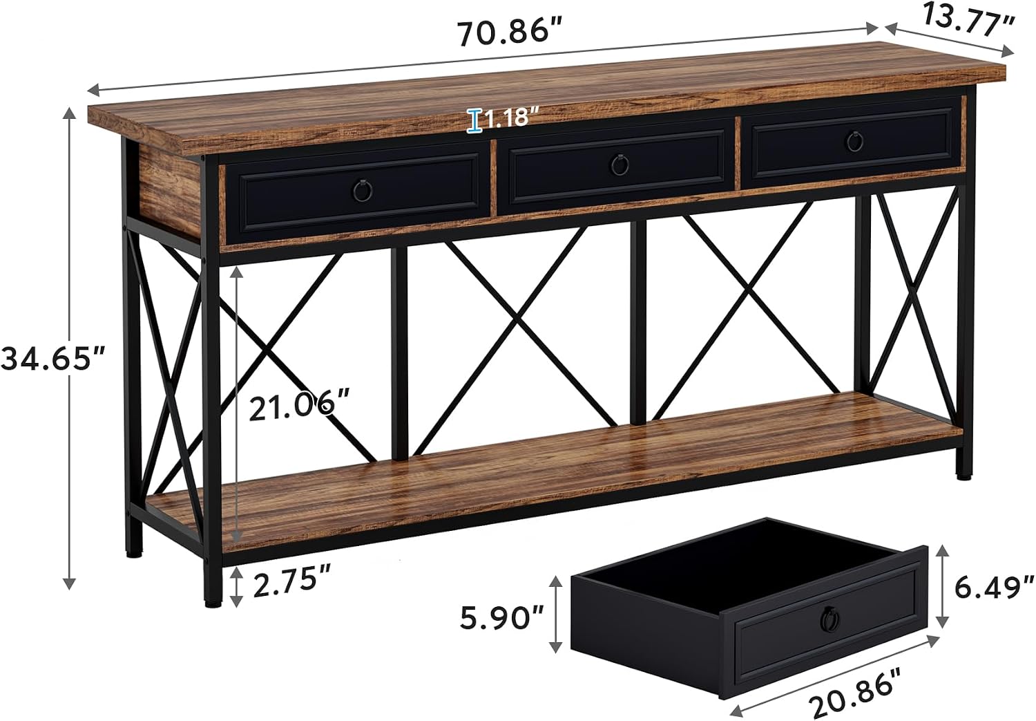 Tribesigns 70.8' Console Table with 3 Drawers, Farmhouse Entryway Table with Storage Shelf, Narrow Long Sofa Foyer Table for Entryway, Hallway (Brown/Black)