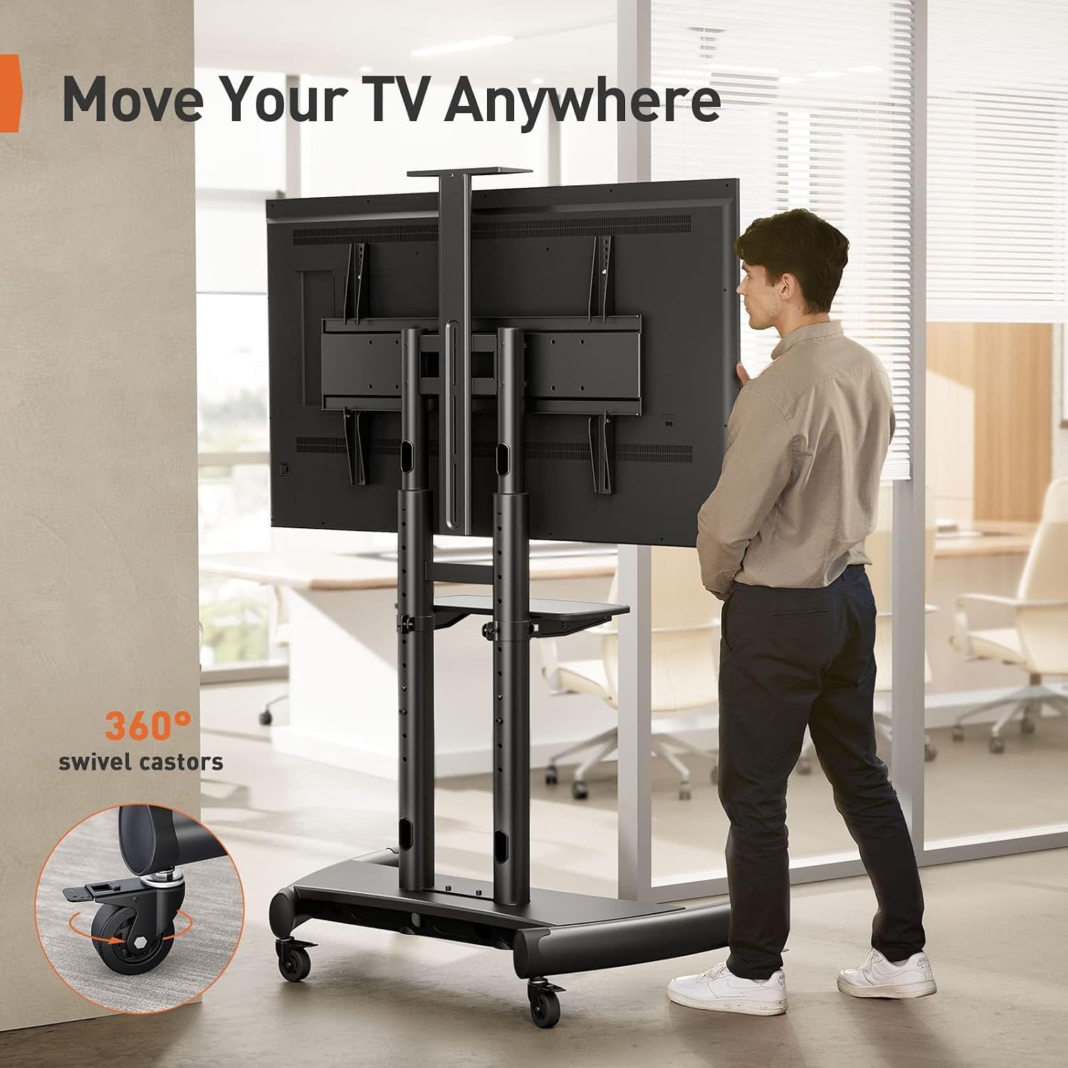Perlegear Rolling TV Stand, Portable TV Stand on Wheels for 55-90 Inch Screens up to 200 lbs, Adjustable Mobile TV Cart with AV Shelf & Camera Shelf, Outdoor Tv Stand Max VESA 800x500mm, PGTVMC07