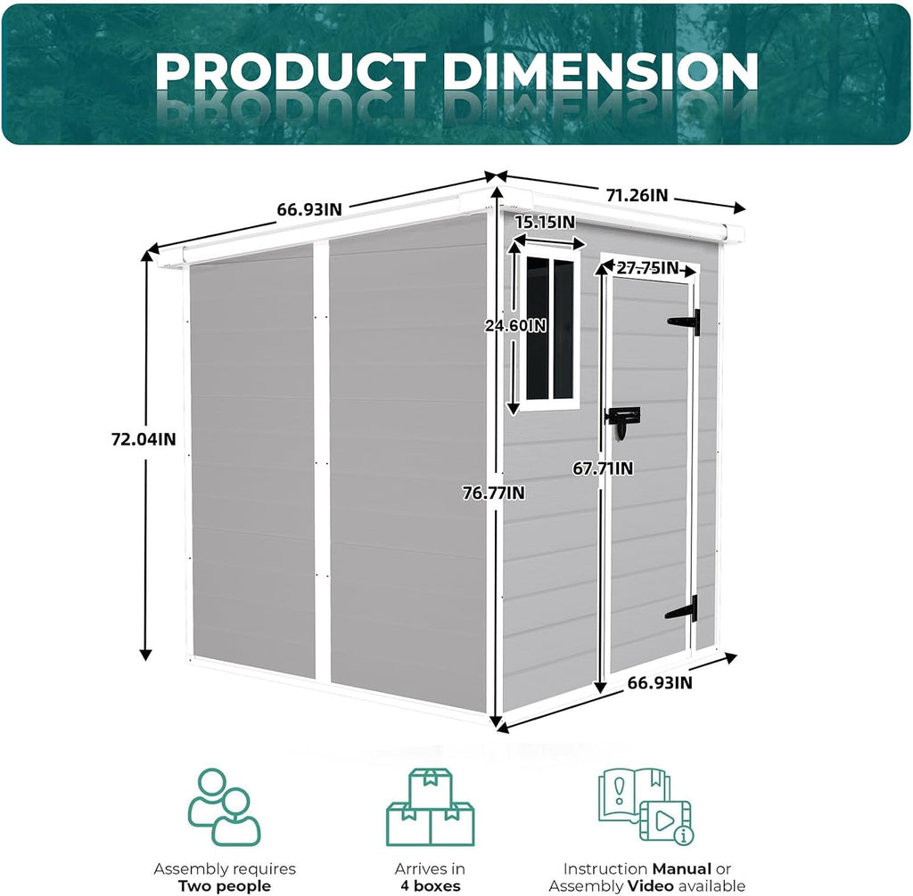 6 x 6 FT Resin Outdoor Storage Shed, Plastic Garden Shed with Floor, Large Storage Space, Lockable Doors & Windows, Plastic Tool Shed, 12mm Thick PP Board (6X6 FT)