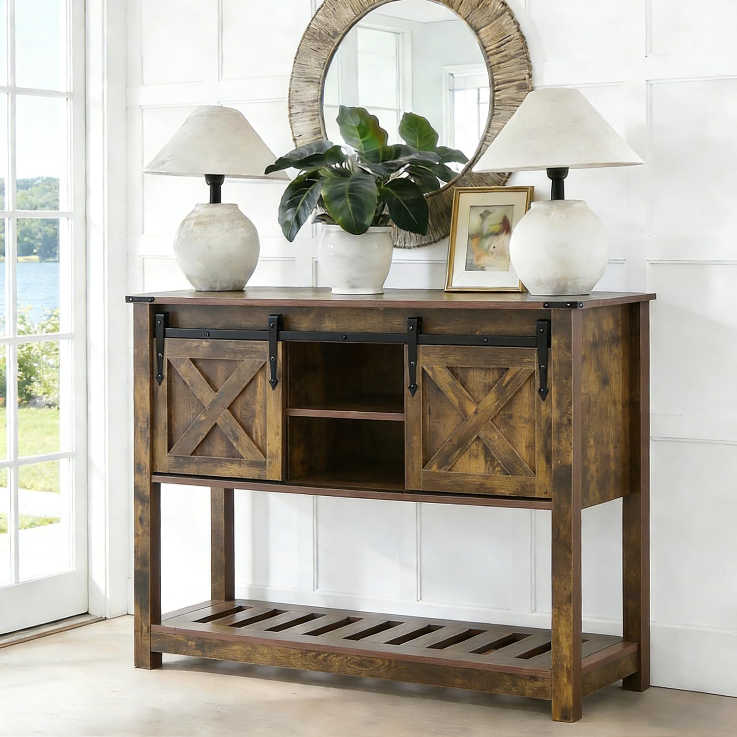 Farmhouse Entryway Table with Sliding Barn Doors, Wood Console Table with Storage Shelf, Rustic Sofa Table for Living Room, Entryway, Foyer, Brown