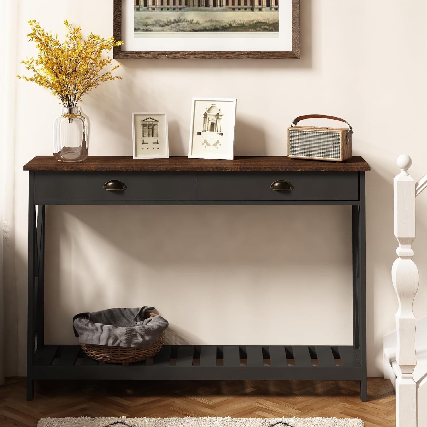 ChooChoo 47' Farmhouse Console Table with Drawer for Entryway, Narrow Long Entry Table with Shelf for Living Room, Rustic Vintage Hallway Sofa Table with Stable X Supports, Black