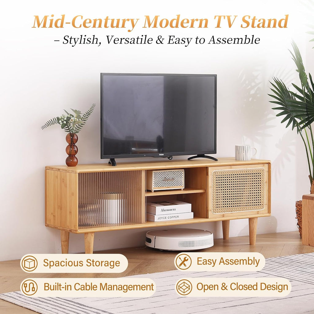 Tiita Rattan TV Stand for 55 Inch TV, Bamboo TV Cabinet with Adjustable Shelf and Storage, Boho Entertainment Center, Mid Century Modern Media Console for Bedroom, Living Room, Study (Natural)