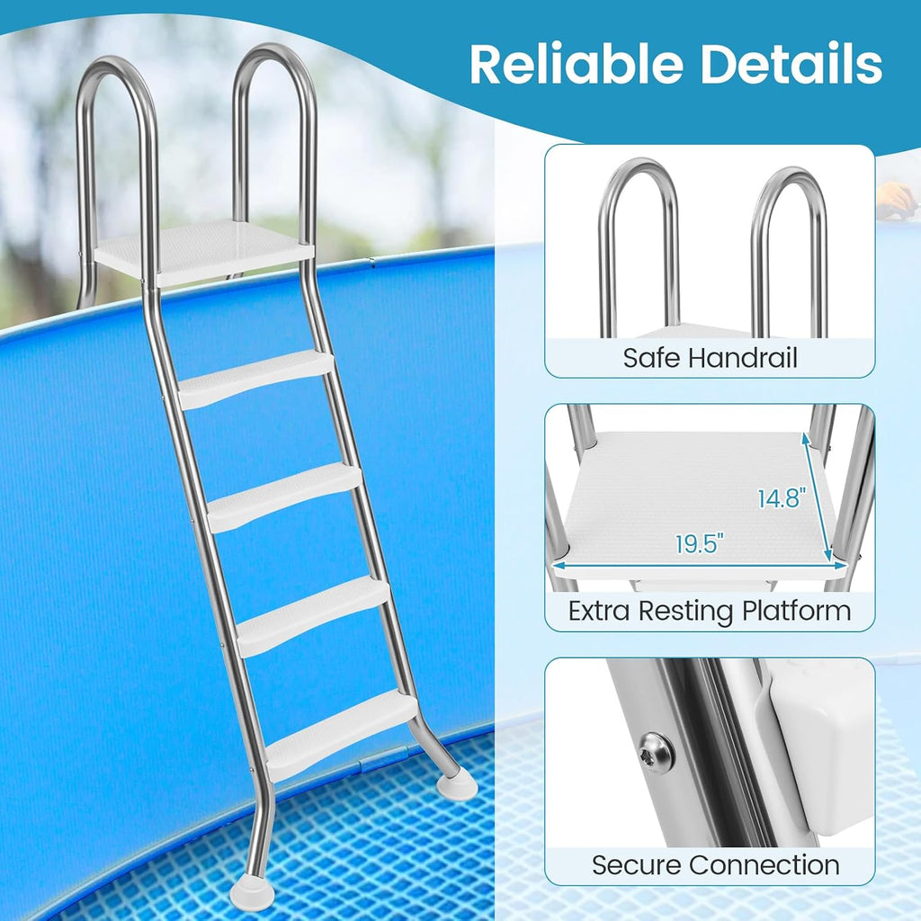 Goplus 4-Step Steel Frame Above Ground Swimming Pool Ladder for 55' Pool Wall Heights, Double-Sided Entry & Exit Ladder w/Non-Slip Steps, Top Platform, Rotating Foot Pads