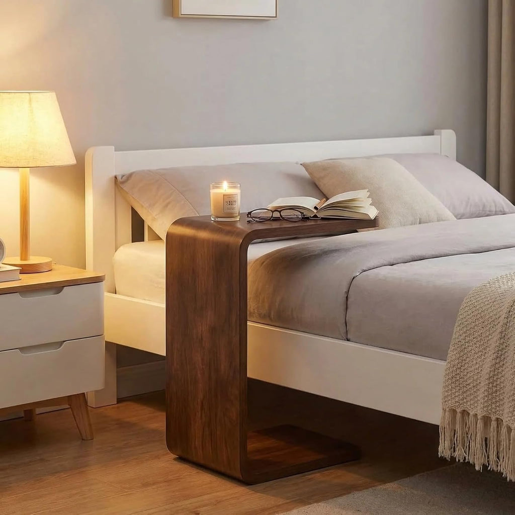 CHSSIH C Shaped End Table for Couch - Wooden Sofa Side Table, Slide Under Couch Table for Living Room, Bedroom, Laptop, Coffee, Small Space Narrow Furniture, Walnut