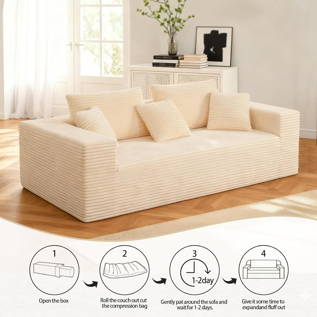 Boneless Cloud Couch Sofa, 3 Seater Deep Seat Modern Lounge Sleeper Couch, No Assemble, Corduroy Compression Upholstered Couches for Living Room, Bedroom, Apartment, Dorm, Office