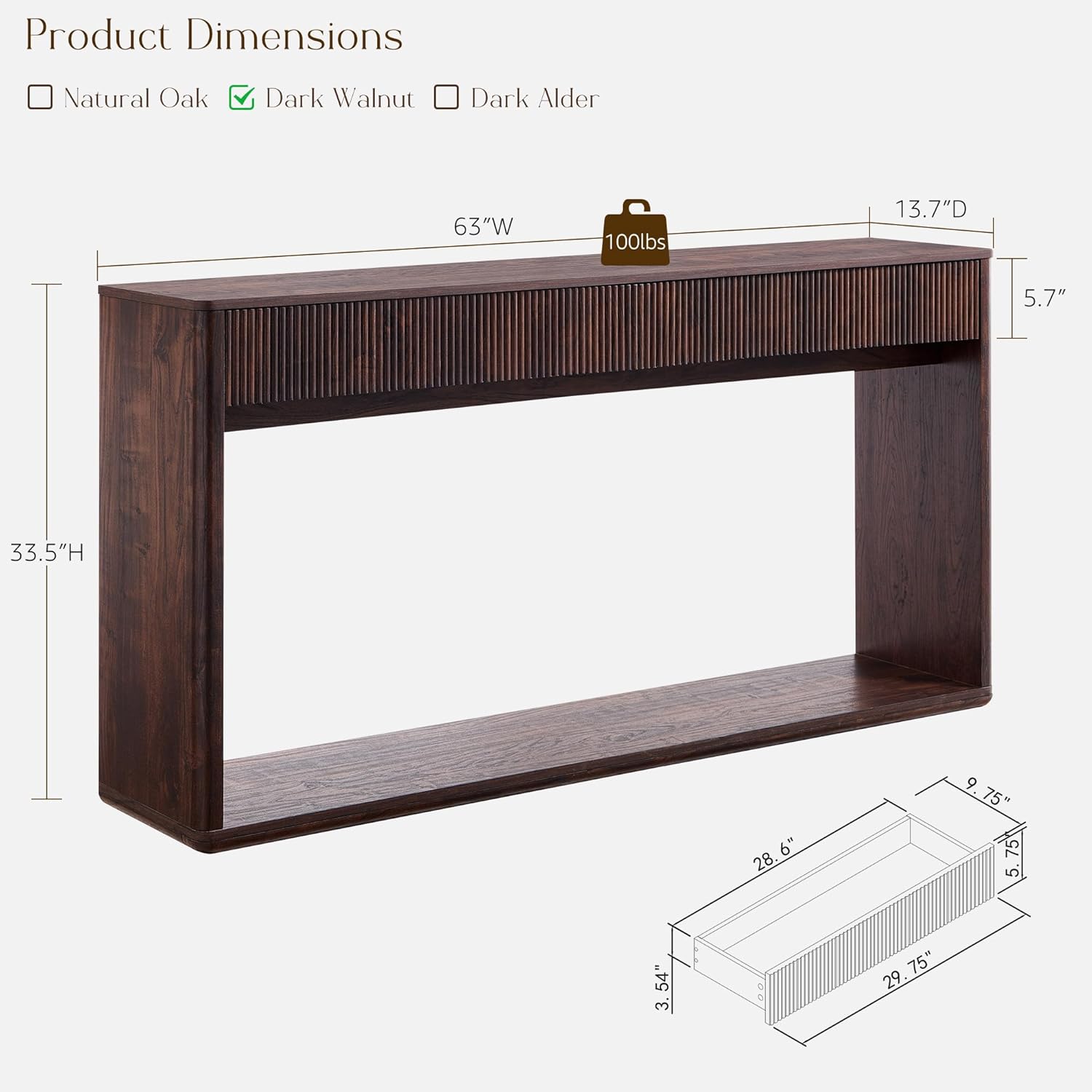 OKD 63' Fluted Console Table for Entryway, Modern Entryway Table with 2 Large Drawers, Long Sofa Table Behind Couch for Living Room, Hallway, Couch, Foyer，Dark Walnut