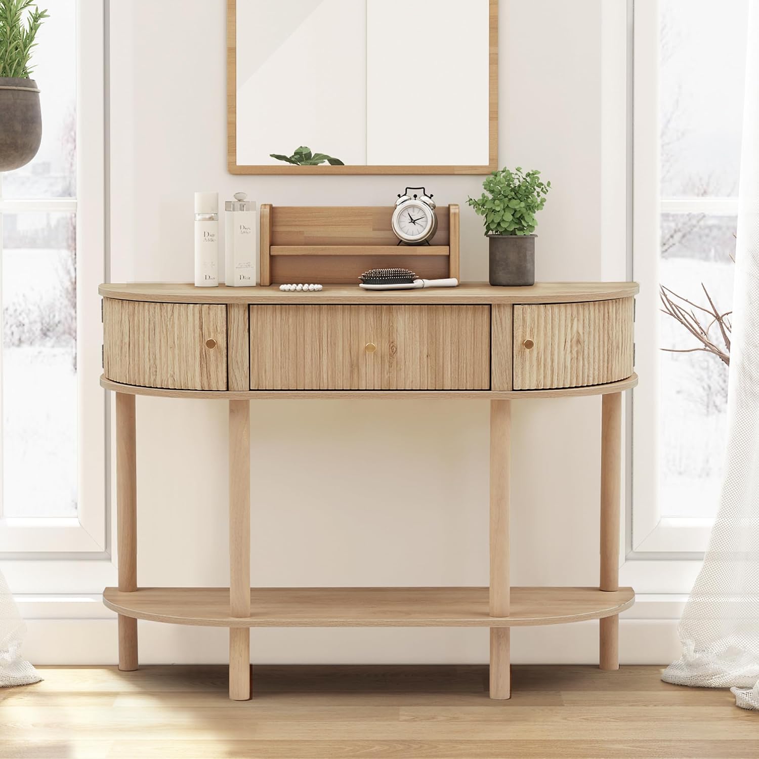 XUZENEST 43.3' Fluted Half Moon Console Table, Modern Entryway Console Sofa Table with Storage, Narrow Wood Accent Tables Behind Couch Tables for Living Room, Hallway, Foyer(Natural)