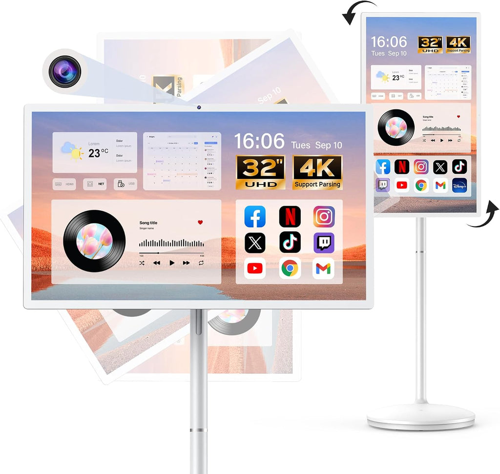 32' Smart Portable TV on Wheels, UHD Touch Screen Rolling TV, 16GB RAM + 128GB Storage, Powerful Qualcomm Snapdragon CPU, Android 14 EDLA Certified, Supports Google Play with 10000+ Apps