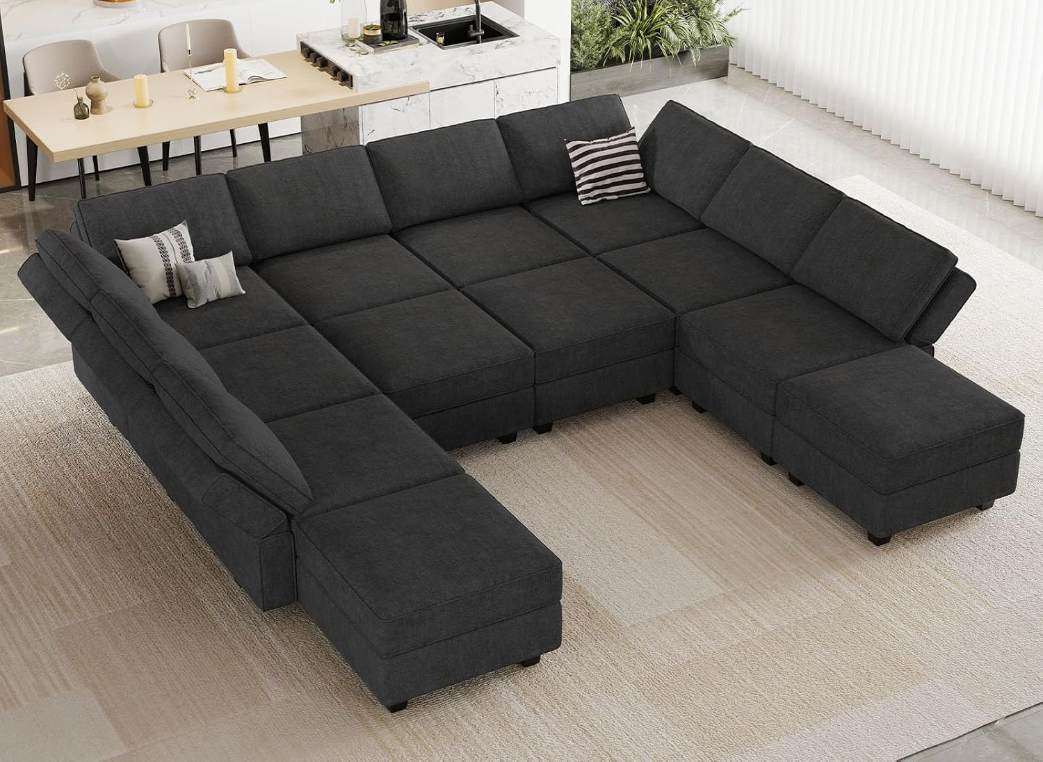 Belffin Terry Fabric Oversized U Shaped Sectional Sofa with Chaise Modular Sectional Sofa Couch for Living Room Convertible Sleeper Bed. Black Couch