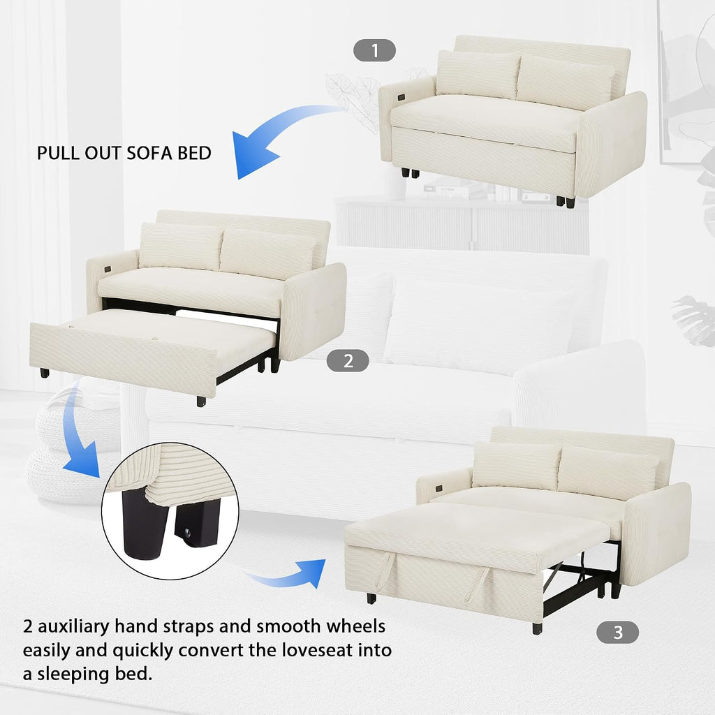 Merax 57.48' Pull-Out Sofa Bed Convertible Couch,2 Seat Loveseat Sofa with 3 Levels Adjustable Backrest,USB Ports and Two Throw Pillows,Modern Corduroy Sleeper Sofa for Living Room(Beige)