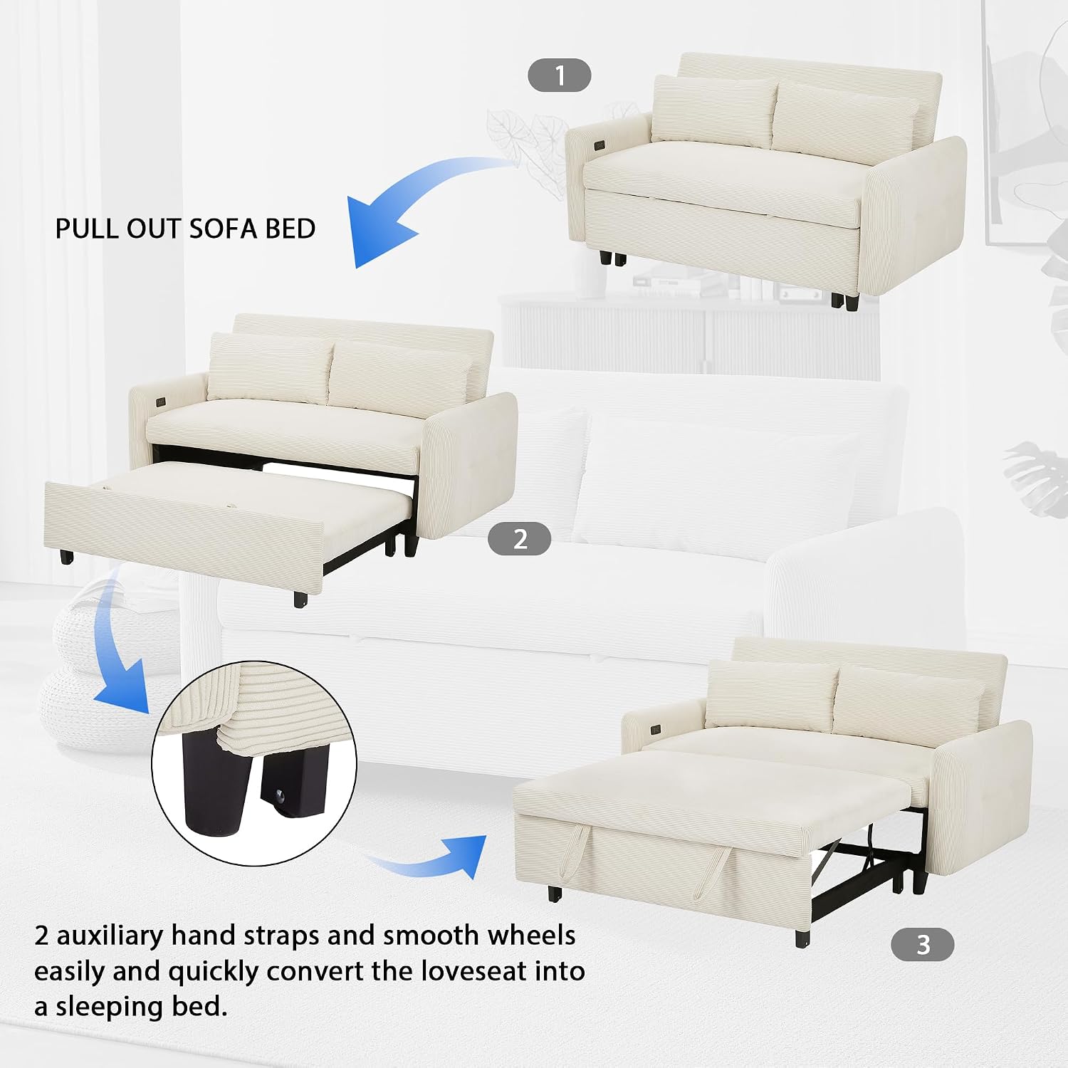 Merax 57.48' Pull-Out Sofa Bed Convertible Couch,2 Seat Loveseat Sofa with 3 Levels Adjustable Backrest,USB Ports and Two Throw Pillows,Modern Corduroy Sleeper Sofa for Living Room(Beige)