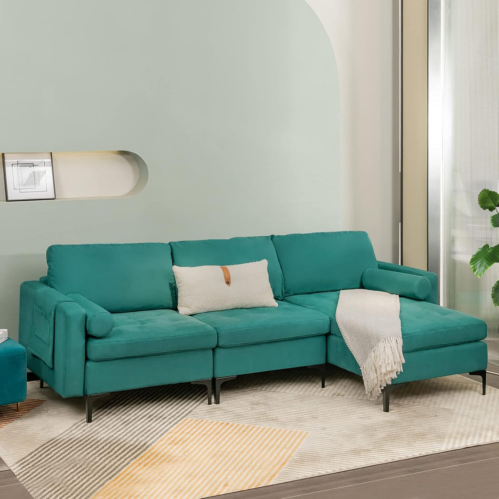 Giantex 97' Couch, Sectional Sofa, L-Shaped Modular Sleeper with Convertible Chaise Lounge, USB Ports, 3-Hole Socket, Hidden Storage Box, 2 Bolsters, Family Apartment Living Room Bedroom Office (Teal)