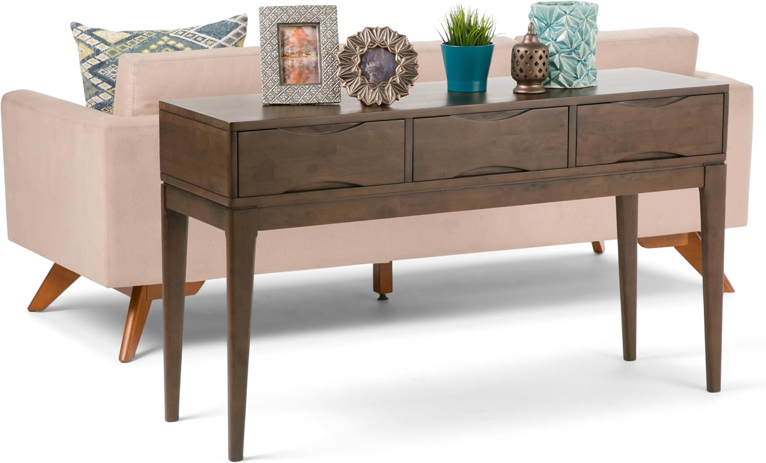 SIMPLIHOME Harper Console Table - 54 Inch Wide Solid Hardwood Sofa Table in Walnut Brown, Mid-Century Modern Storage Table for Entryway or Living Room with 3 Drawers, Notched Handles, and Tapered Legs