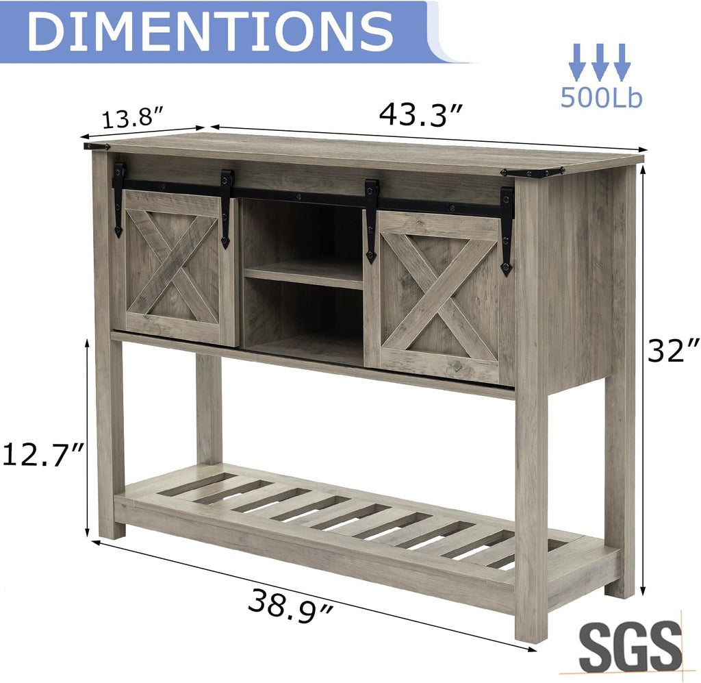Farmhouse Entryway Table with Sliding Barn Doors, Wood Console Table with Storage Shelf, Rustic Sofa Table for Living Room, Entryway, Foyer, Grey
