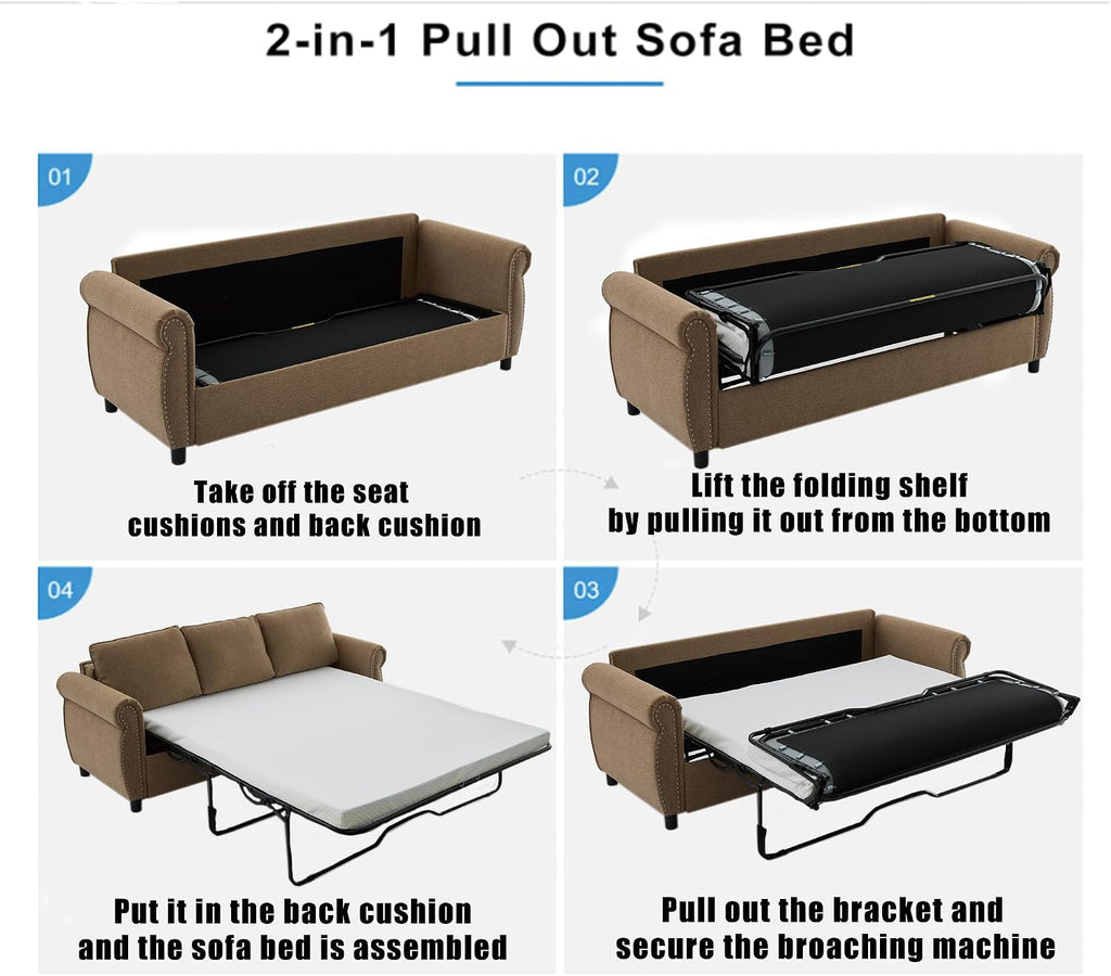 Sleeper Sofa Bed Full Size, Pull Out Couch with Mattress, 81.5'' 3 Seater Upholstery Sectional Couches, Modern Linen Convertible Sofa, Living Room Furniture for Small Spaces, Apartment, Brown | Memory Foam Mattress