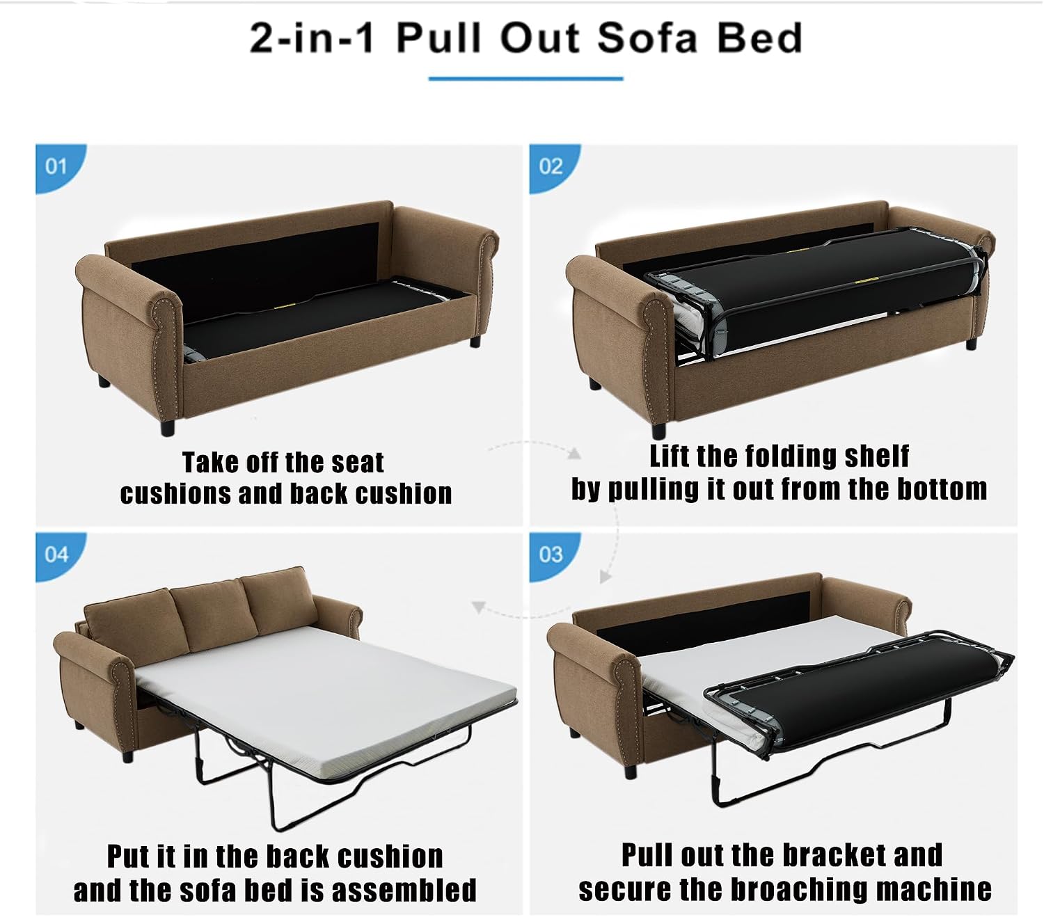 Sleeper Sofa Bed Full Size, Pull Out Couch with Mattress, 81.5'' 3 Seater Upholstery Sectional Couches, Modern Linen Convertible Sofa, Living Room Furniture for Small Spaces, Apartment, Brown | Memory Foam Mattress