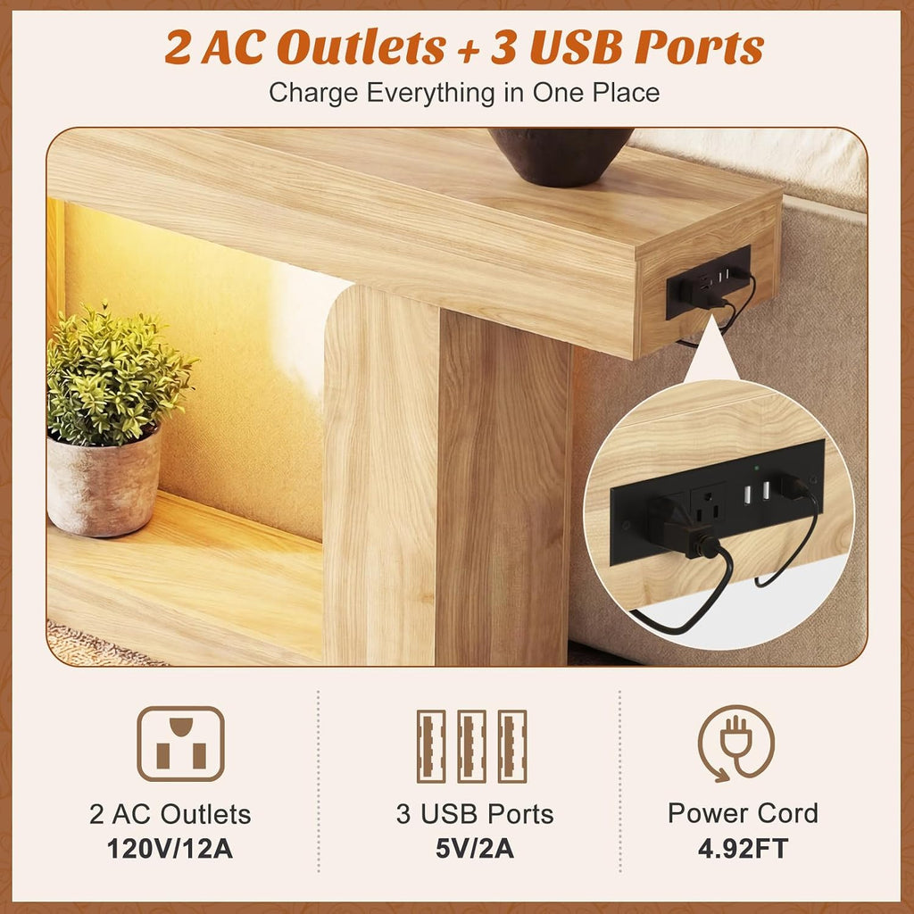 Homieasy Console Table, 47' Entryway Table with LED Lights & Charging Station, Farmhouse Wooden Sofa Table Behind Couch, Narrow Hallway Table for Living Room, Foyer, Entry, Natural Oak