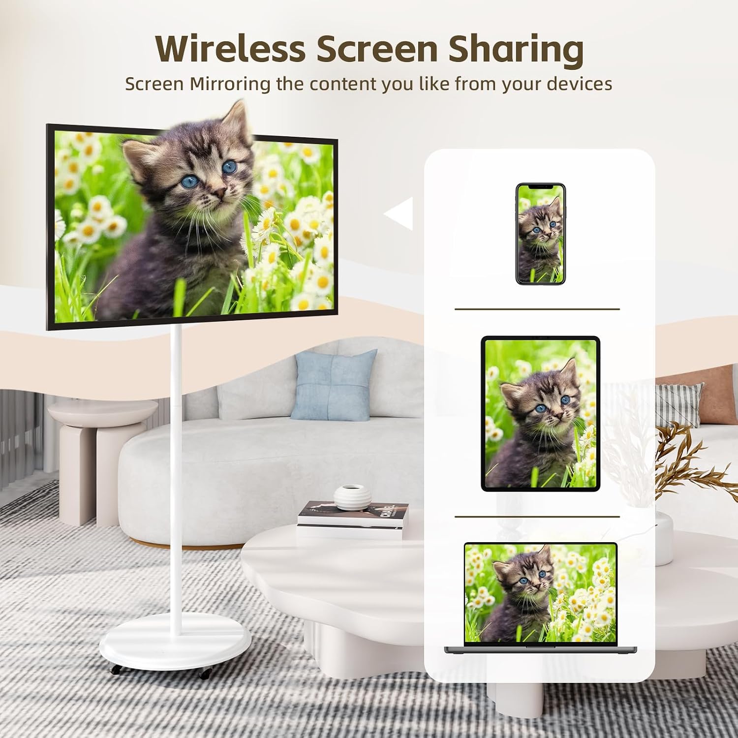 MWE 43 Inch Portable TV on Wheels, Large Screen Rolling TV, Smart Display with Adjustable Stand, Android OS, USB/HDMI/Type-C Port, All-in-One Entertainment Center