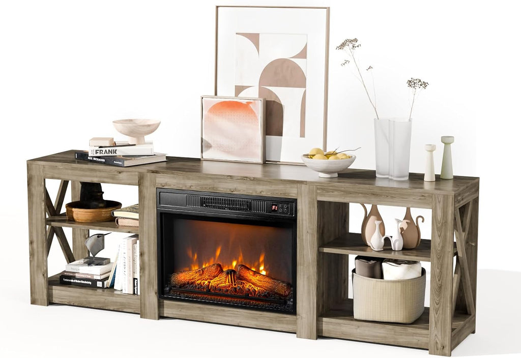 Bonnlo Fireplace TV Stand for TVs up to 80', Rustic Farmhouse Entertainment Center with Electric Heater & Adjustable Shelves, TV Console with Fireplace for Living Room, Gray Oak