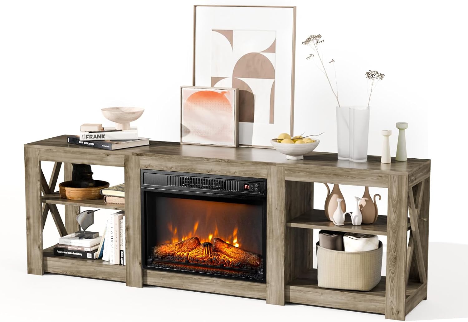 Bonnlo Fireplace TV Stand for TVs up to 80', Rustic Farmhouse Entertainment Center with Electric Heater & Adjustable Shelves, TV Console with Fireplace for Living Room, Gray Oak