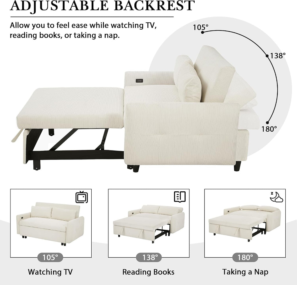 Merax 57.48' Pull-Out Sofa Bed Convertible Couch,2 Seat Loveseat Sofa with 3 Levels Adjustable Backrest,USB Ports and Two Throw Pillows,Modern Corduroy Sleeper Sofa for Living Room(Beige)