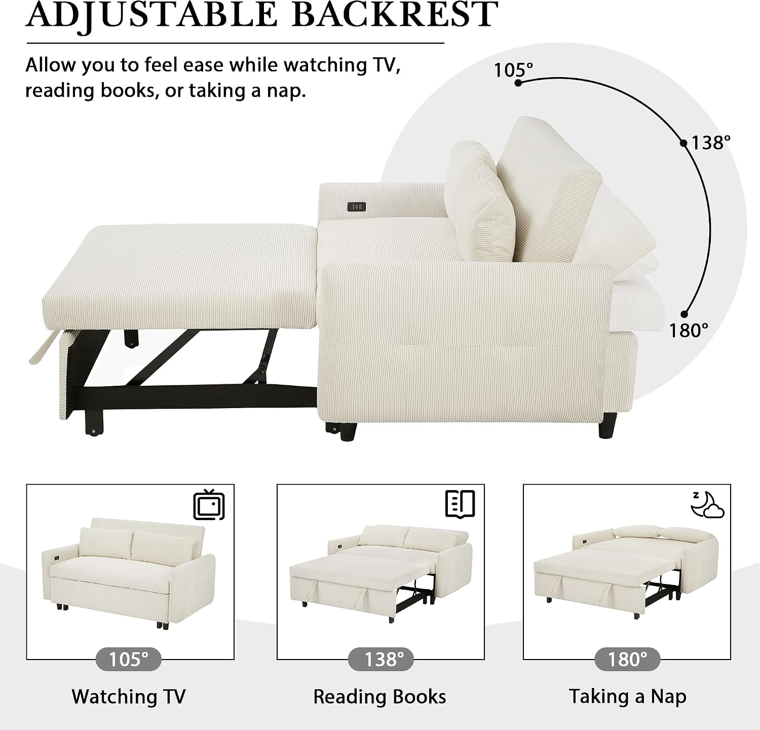 Merax 57.48' Pull-Out Sofa Bed Convertible Couch,2 Seat Loveseat Sofa with 3 Levels Adjustable Backrest,USB Ports and Two Throw Pillows,Modern Corduroy Sleeper Sofa for Living Room(Beige)
