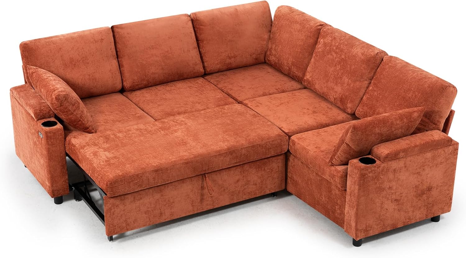 85' Chenille Reversible Sectional Sofa w/Pull-Out Bed, Upholstery L Shaped Couch w/Storage Armrests & Cup Holders, Modern Corner Sofa w/USB Charging Port & Throw Pillow for Living Room, Orange