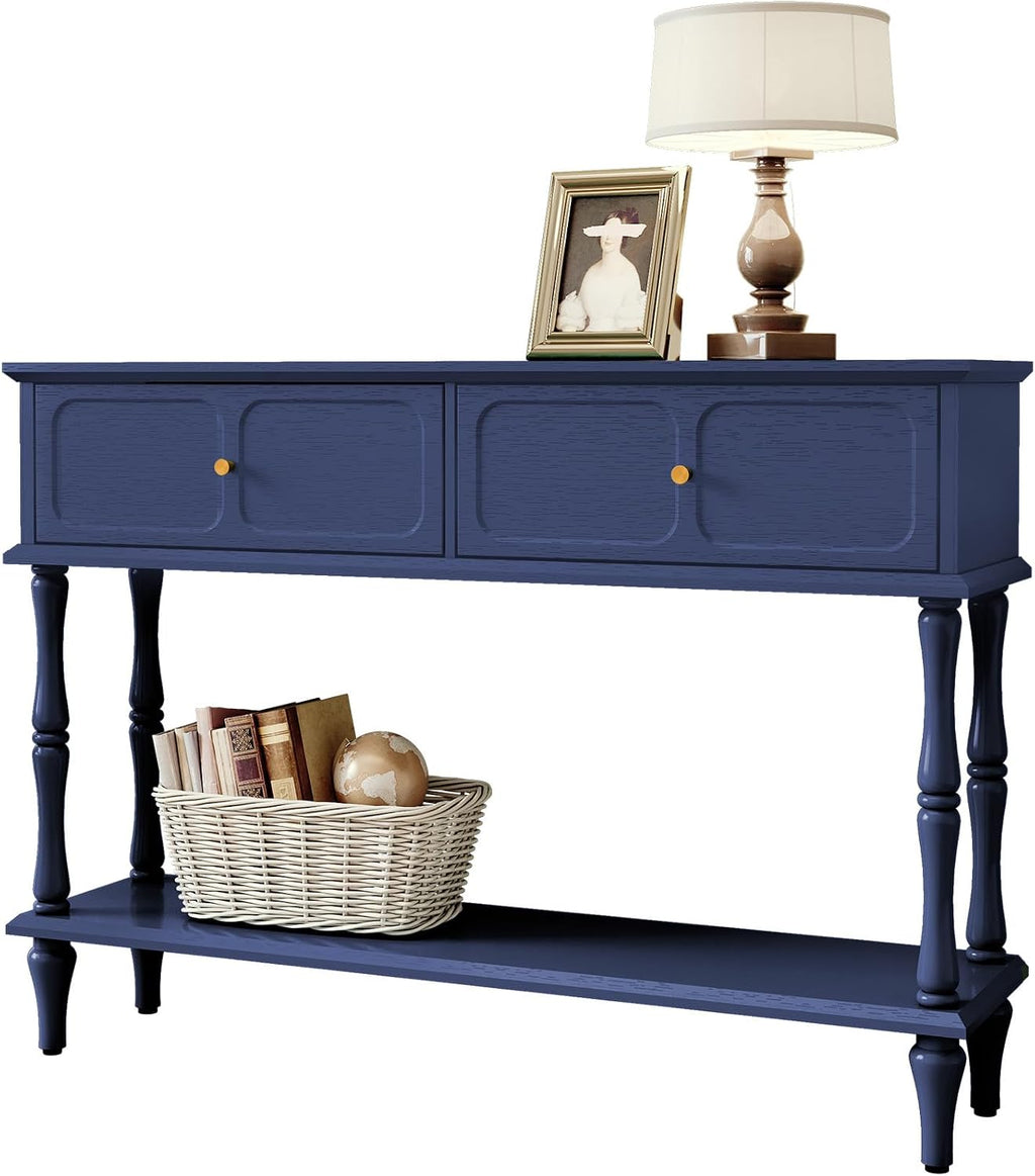 ARTPOWER Console Table with Drawers for Entryway, Mid-Century Entryway Table with Storage, Blue Narrow Entryway Table with Open Shelf Behind Sofa for Living Room, Foyer, Hallway