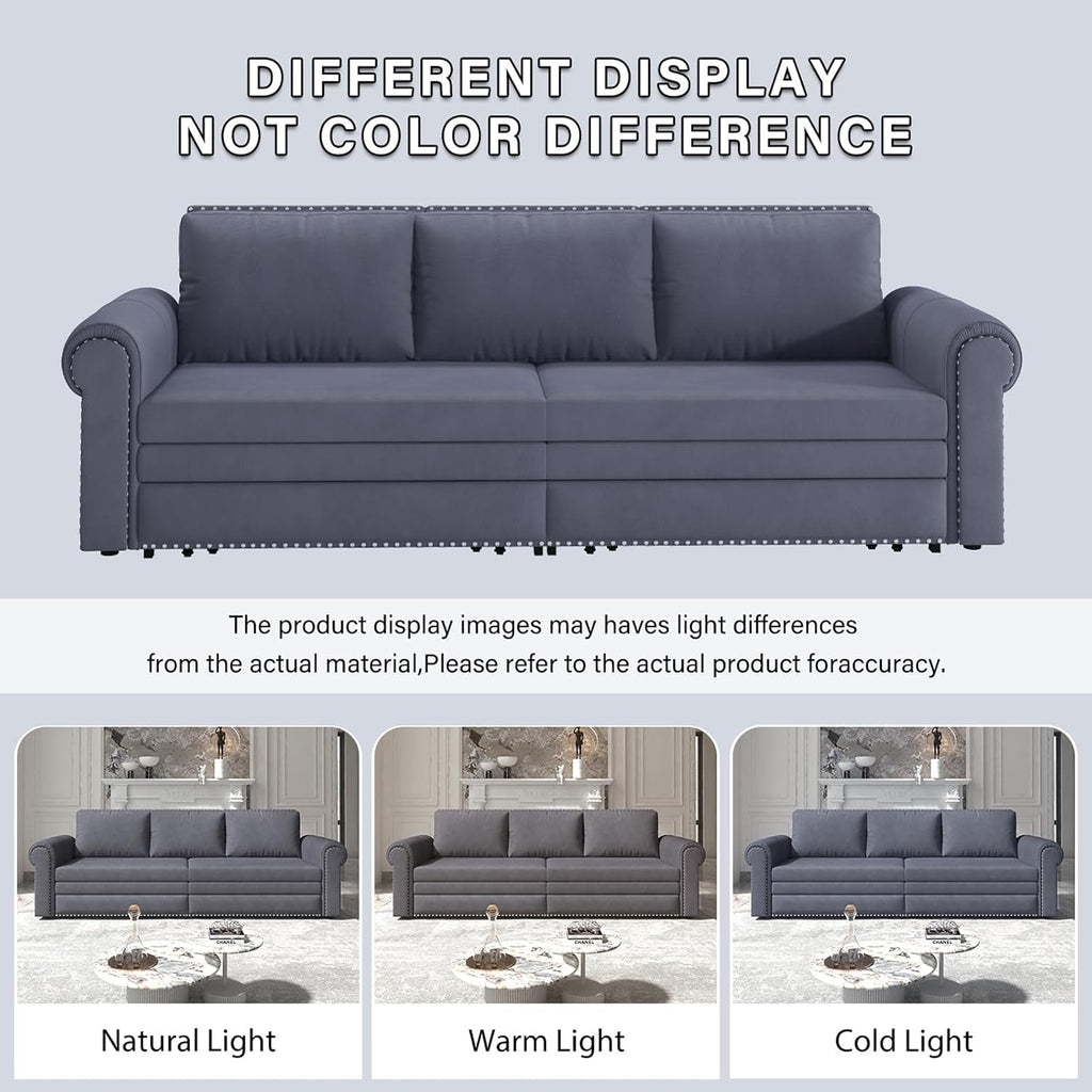 93.7' King Pull Out Sofa Bed, 3 in 1 Convertible Sleeper Sofa Couch 3-Seater, Velvet Folding Loveseat Sleeper Sofa with Deep Seat, Nailhead Trim & Rolled Arm for Living Room (Light Grey)