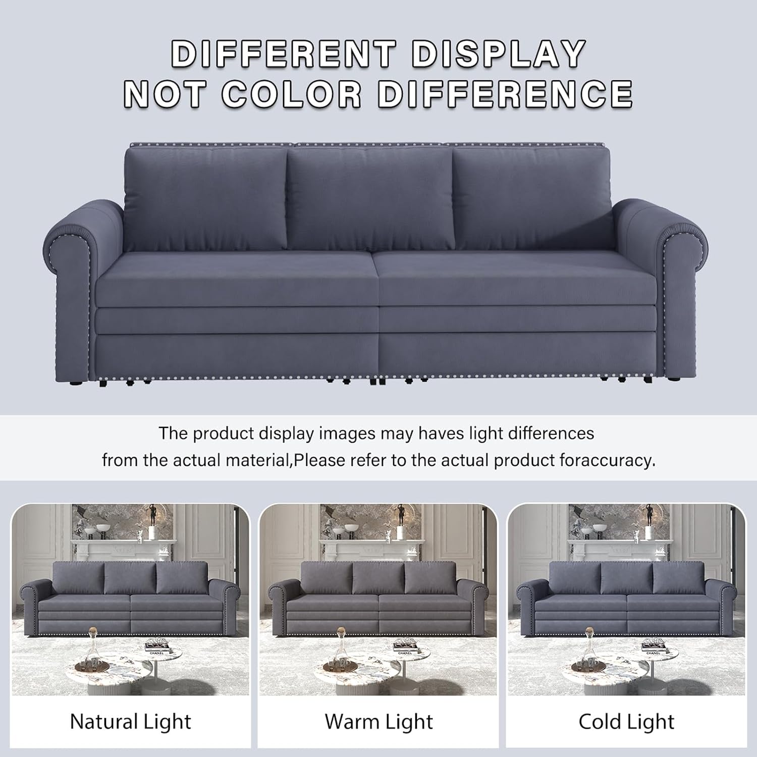 93.7' King Pull Out Sofa Bed, 3 in 1 Convertible Sleeper Sofa Couch 3-Seater, Velvet Folding Loveseat Sleeper Sofa with Deep Seat, Nailhead Trim & Rolled Arm for Living Room (Light Grey)