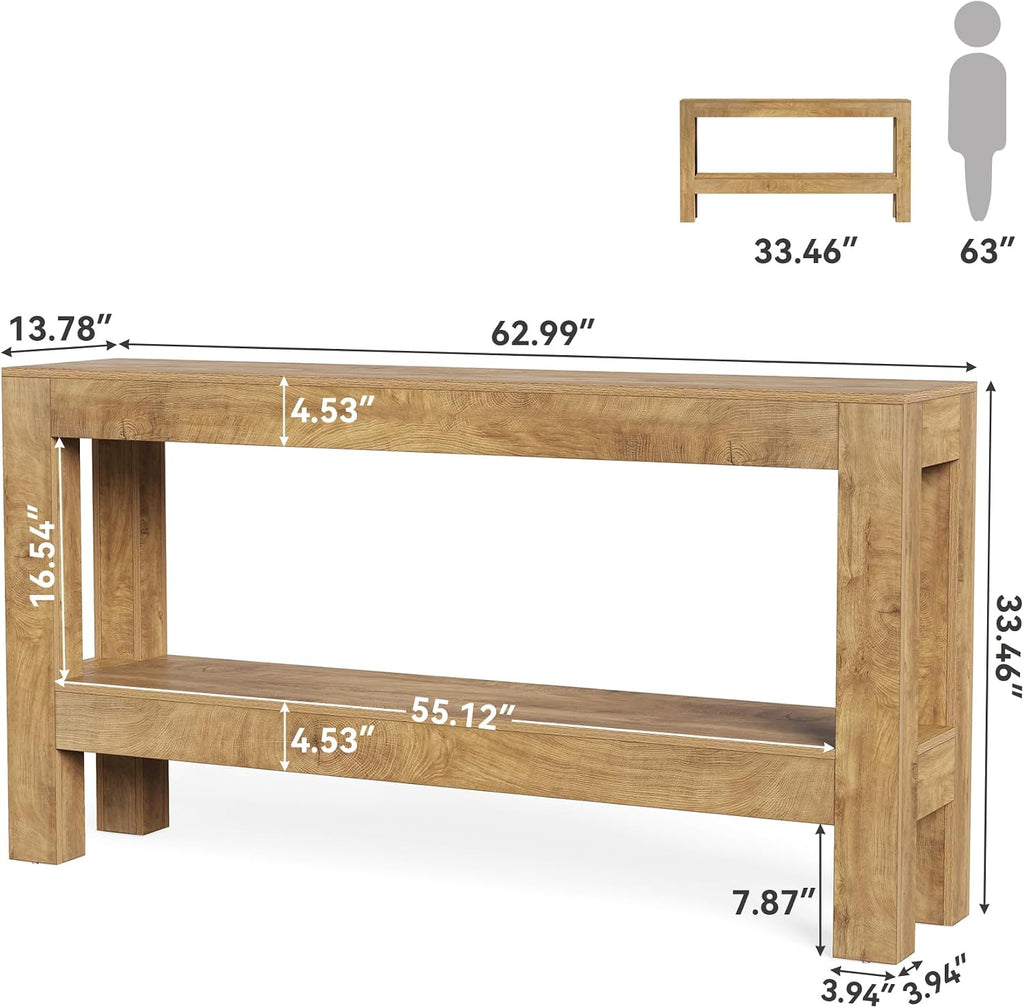 LITTLE TREE 63-Inch Long Console Table for Living Room, Farmhouse Wood Entryway Table for Sofa, Entry, Hallway, Entrance, Foyer, Behind Couch with 2-Tier Narrow Shelf, Oak