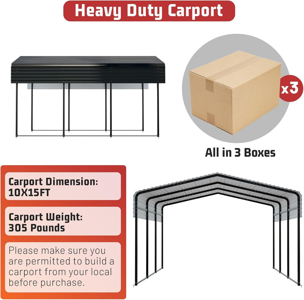 NUGRIART Metal Carport 10 x 15 FT with Heavy Duty Frame & Galvanized Steel Roof, Metal Car Garage, Sturdy Canopy Shelter for Car, Truck, Pickup, SUV, Tractor, and Boat