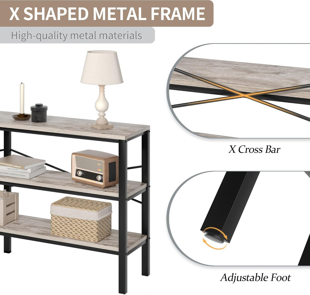 71 Inch Industrial Console Table Behind Couch, Extra Long Sofa Table with 3 Tier Wood Storage Shelves, TV Table with Metal Frame for Living Room, Foyer, Hallway (Oak Grey)