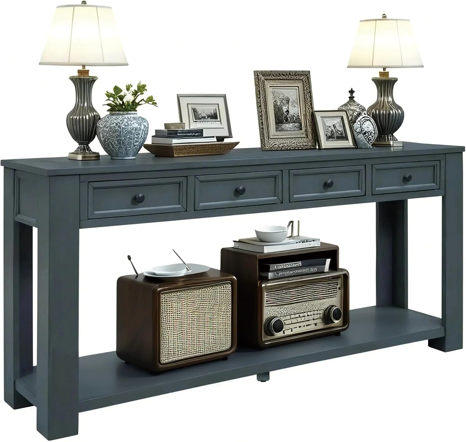 LKTART Solid Wood Console Table, Long Sofa Table Entryway Table with 4 Drawers and Bottom Shelf for Hallway Living Room Couch Table,Easy Assembled (63' Navy)