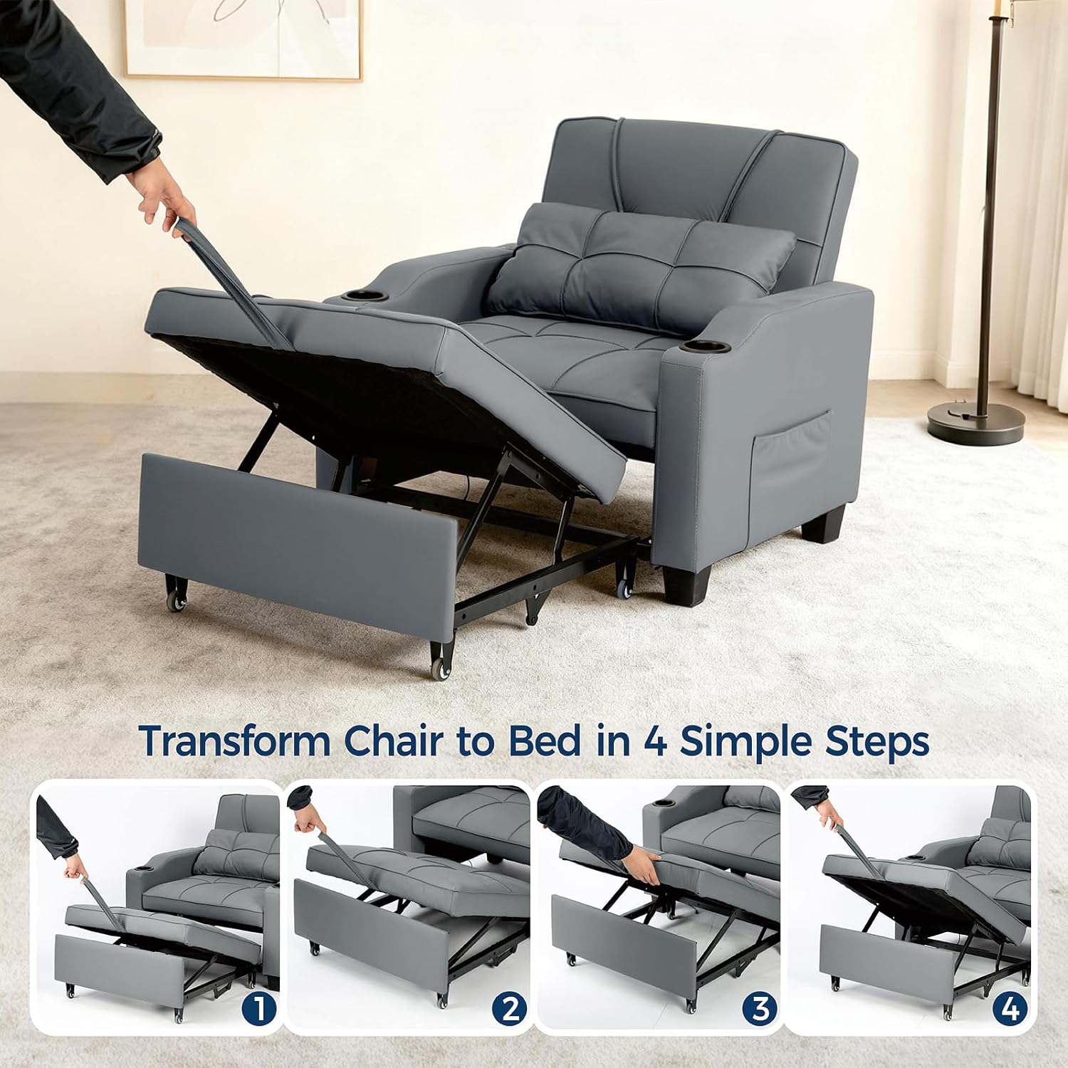 Sleeper Chair Pull Out Bed, 4 in 1 Convertible Sofa Chair Bed with Vibration Massage Lumbar Pillow, Single Sofa Recliner with USB/Type-C Port, Cup Holders and Side Pocket for Small Spaces (Grey)