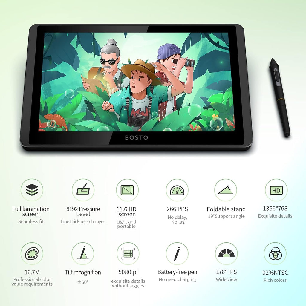 12HD-A H-IPS LCD Graphics Drawing Tablet Monitor 11.6 Inch Size 1366x768 Display 8192 Pressure Level Passive Technology with Tilt Function Support OS USB-Powered Low Consumption