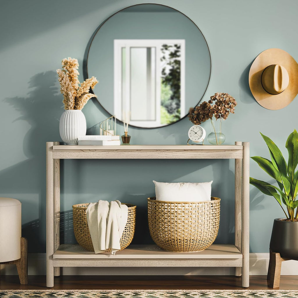 Bme Lyra Console Table, Pure Solid Wood with Oak Finish, Entryway and Hallway Living Room Table, 297 lbs Capacity, Adjustable Levelers, Easy Assembly, Large Open Shelf, Ideal for Any Space, Light Grey