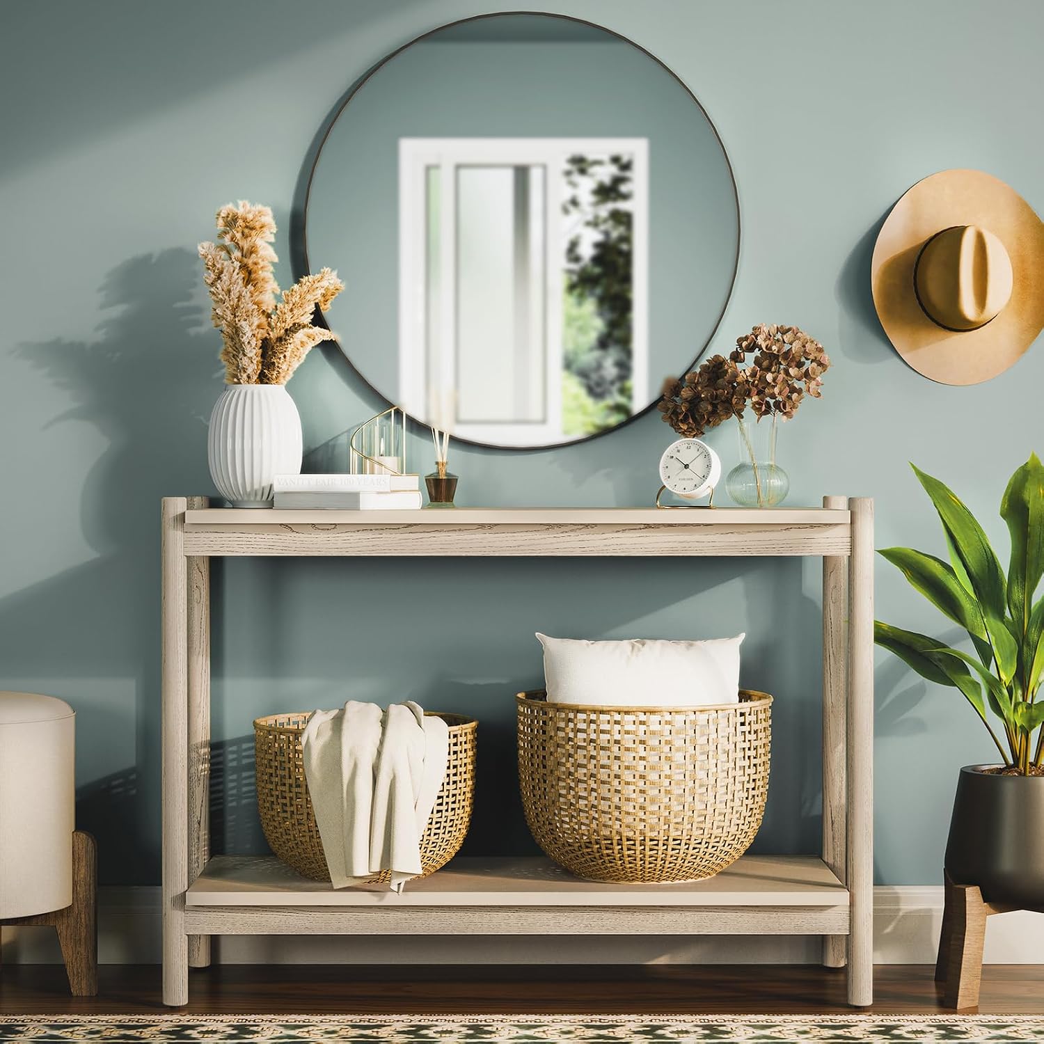 Bme Lyra Console Table, Pure Solid Wood with Oak Finish, Entryway and Hallway Living Room Table, 297 lbs Capacity, Adjustable Levelers, Easy Assembly, Large Open Shelf, Ideal for Any Space, Light Grey
